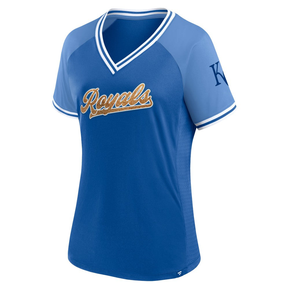 Royal Kansas City Royals Fanatics Women's Glitz & Glam League Diva Raglan V-Neck T-Shirt