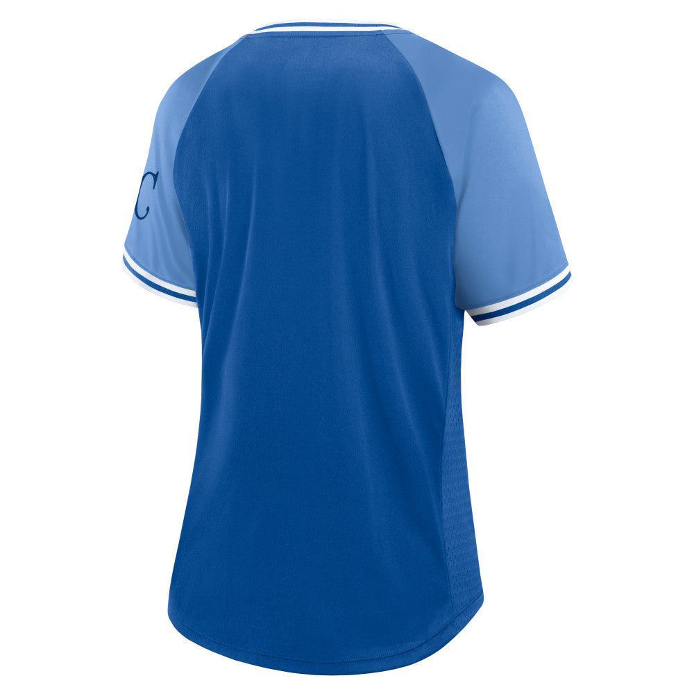 Royal Kansas City Royals Fanatics Women's Glitz & Glam League Diva Raglan V-Neck T-Shirt
