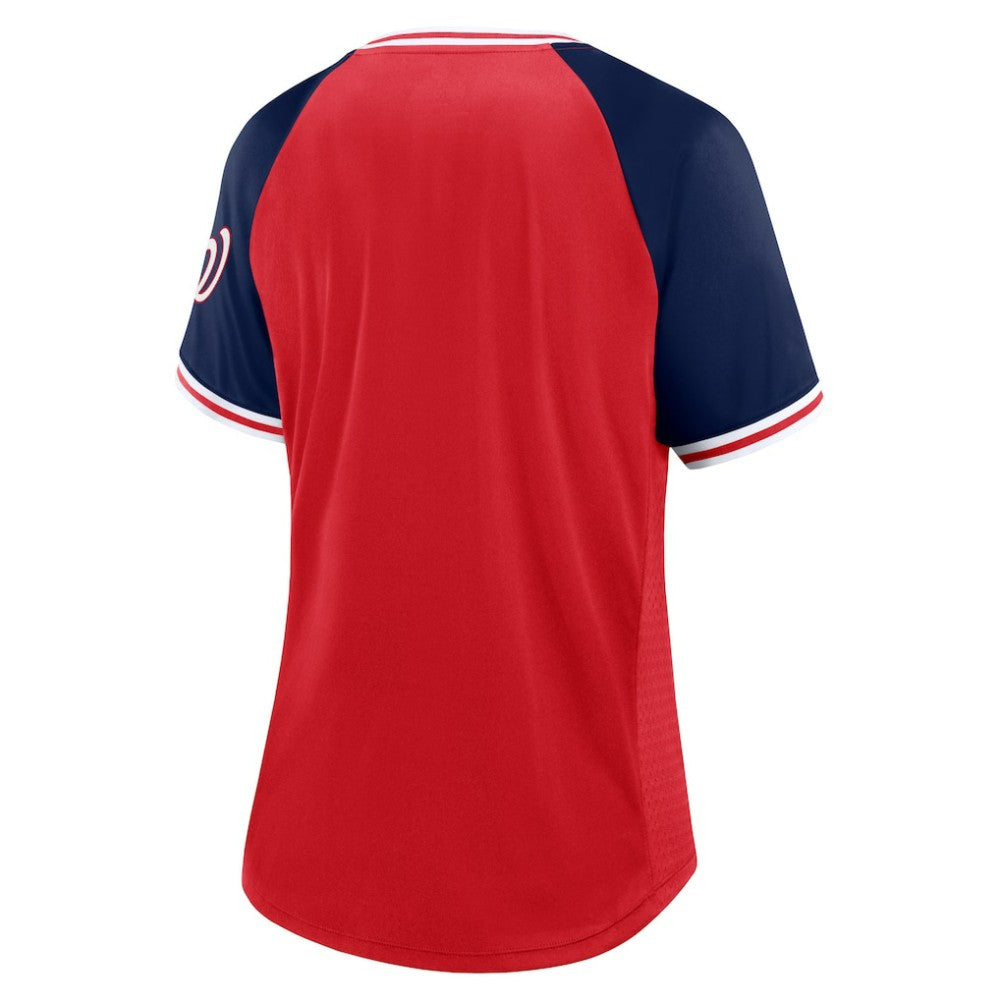 Red Washington Nationals Fanatics Women's Glitz & Glam League Diva Raglan V-Neck T-Shirt