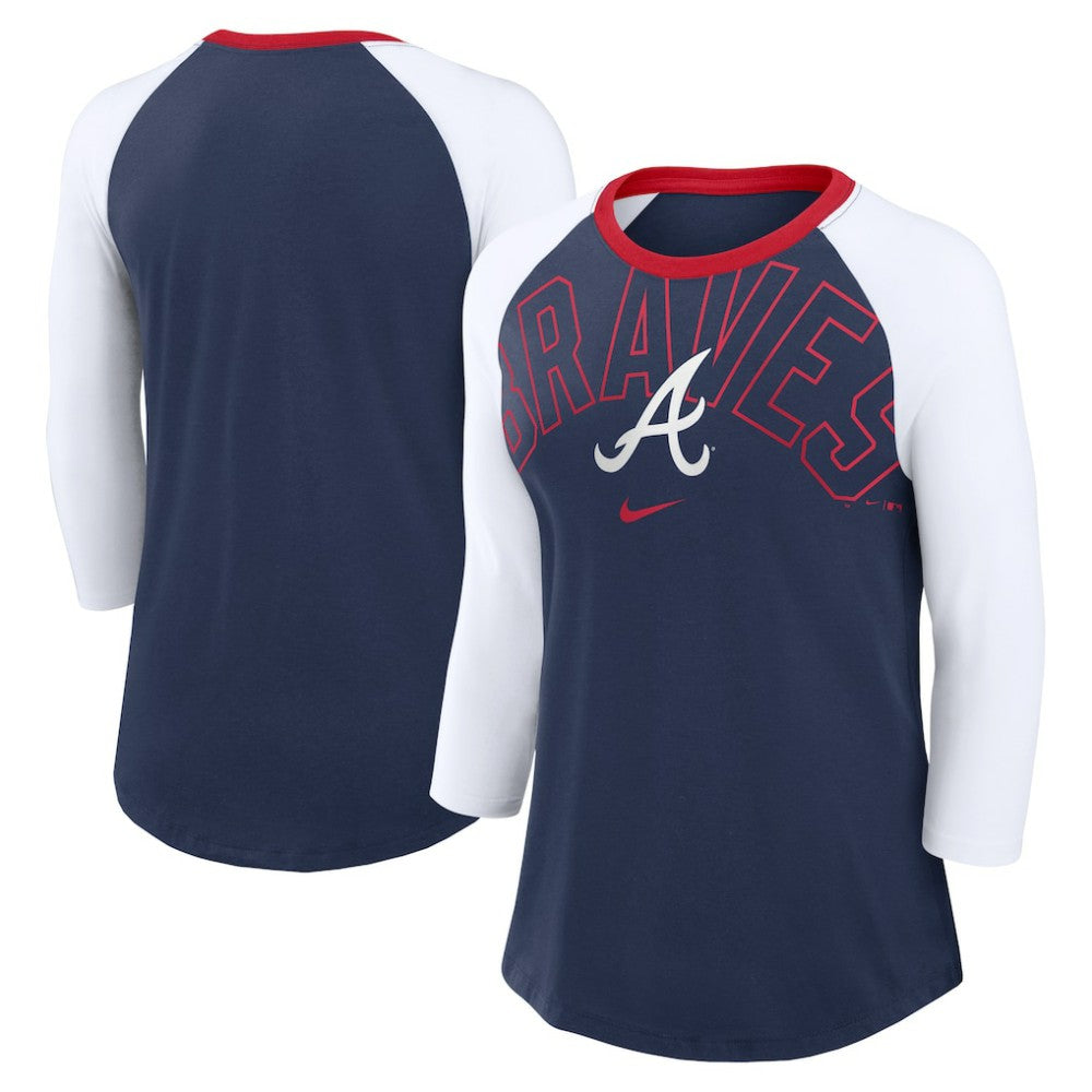 Navy/White Atlanta Braves Nike Women's Knockout Arch 3/4-Sleeve Raglan Tri-Blend T-Shirt
