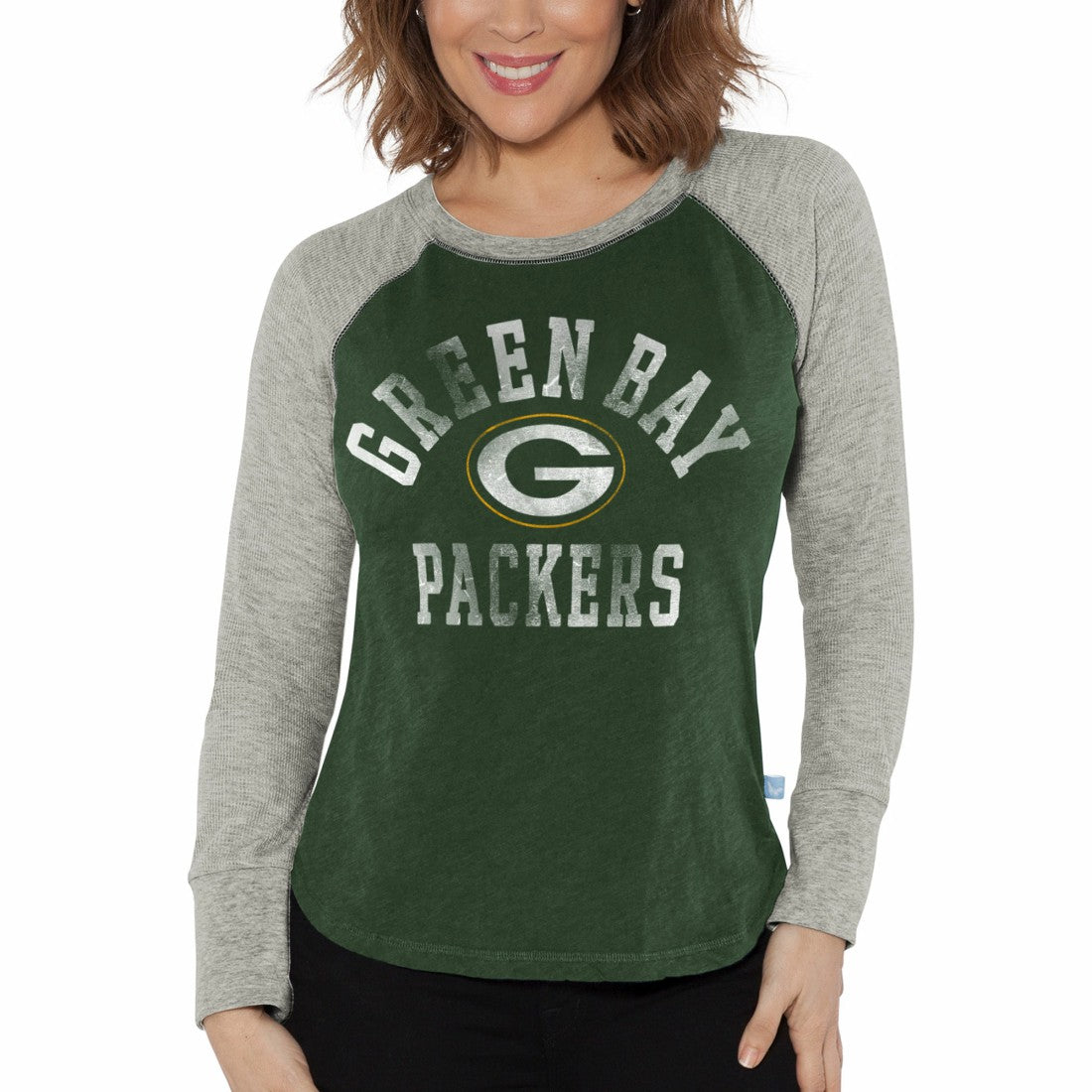 G-III 4Her by Carl Banks Women's Waffle Knit Raglan Long Sleeve T-Shirt - Green Bay Packers T-shirts