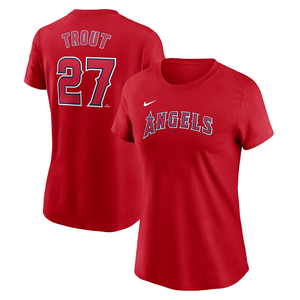 Red Mike Trout Los Angeles Angels Nike Women's Cooperstown Collection Fuse Name & Number T-Shirt