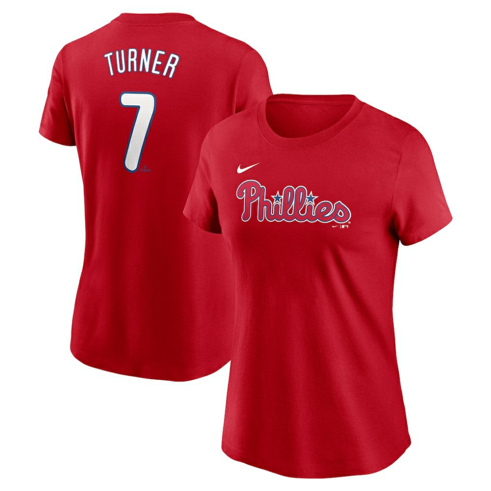 Red Trea Turner Philadelphia Phillies Nike Women's Cooperstown Collection Fuse Name & Number T-Shirt