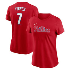 Red Trea Turner Philadelphia Phillies Nike Women's Cooperstown Collection Fuse Name & Number T-Shirt