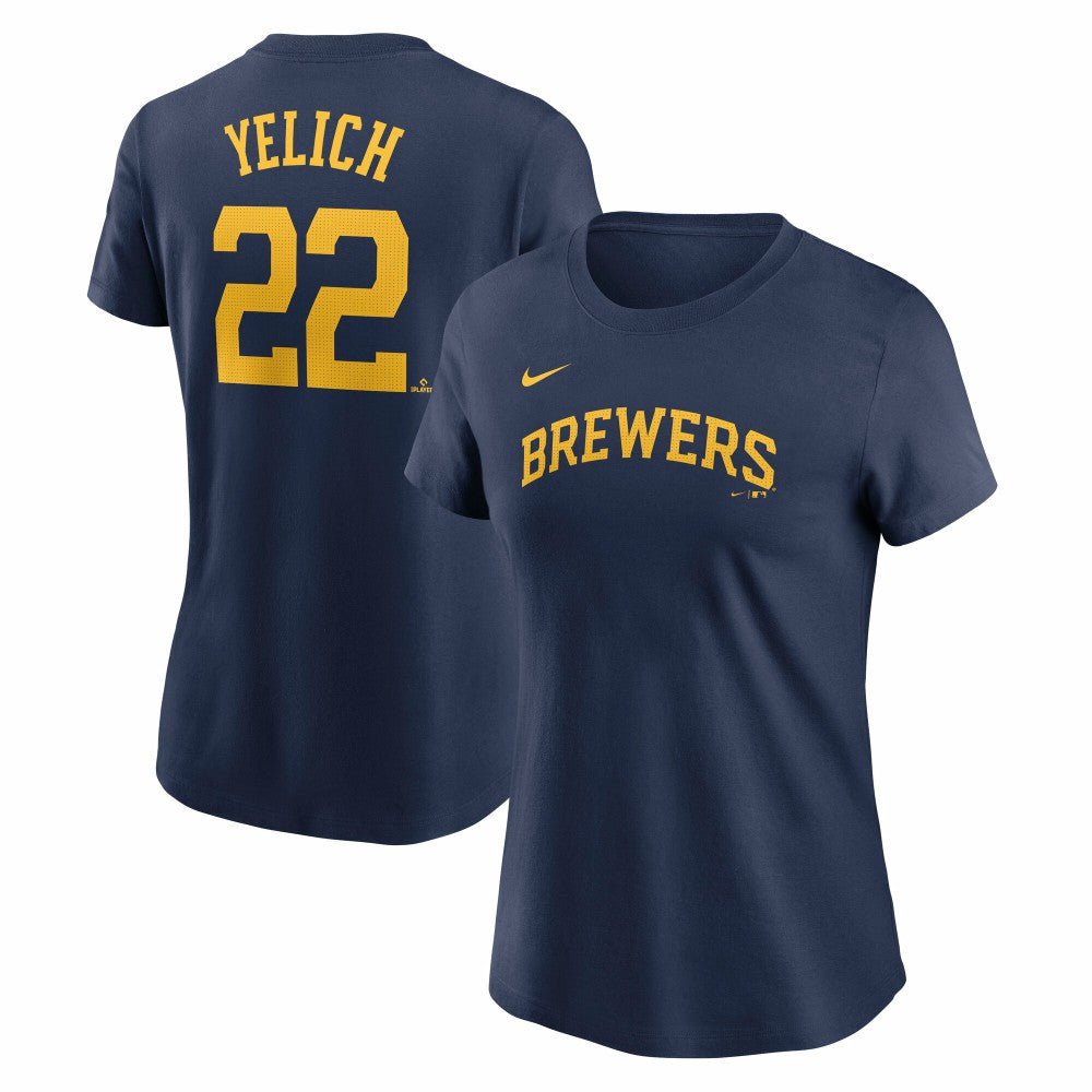 Navy Christian Yelich Milwaukee Brewers Nike Women's Cooperstown Collection Fuse Name & Number T-Shirt