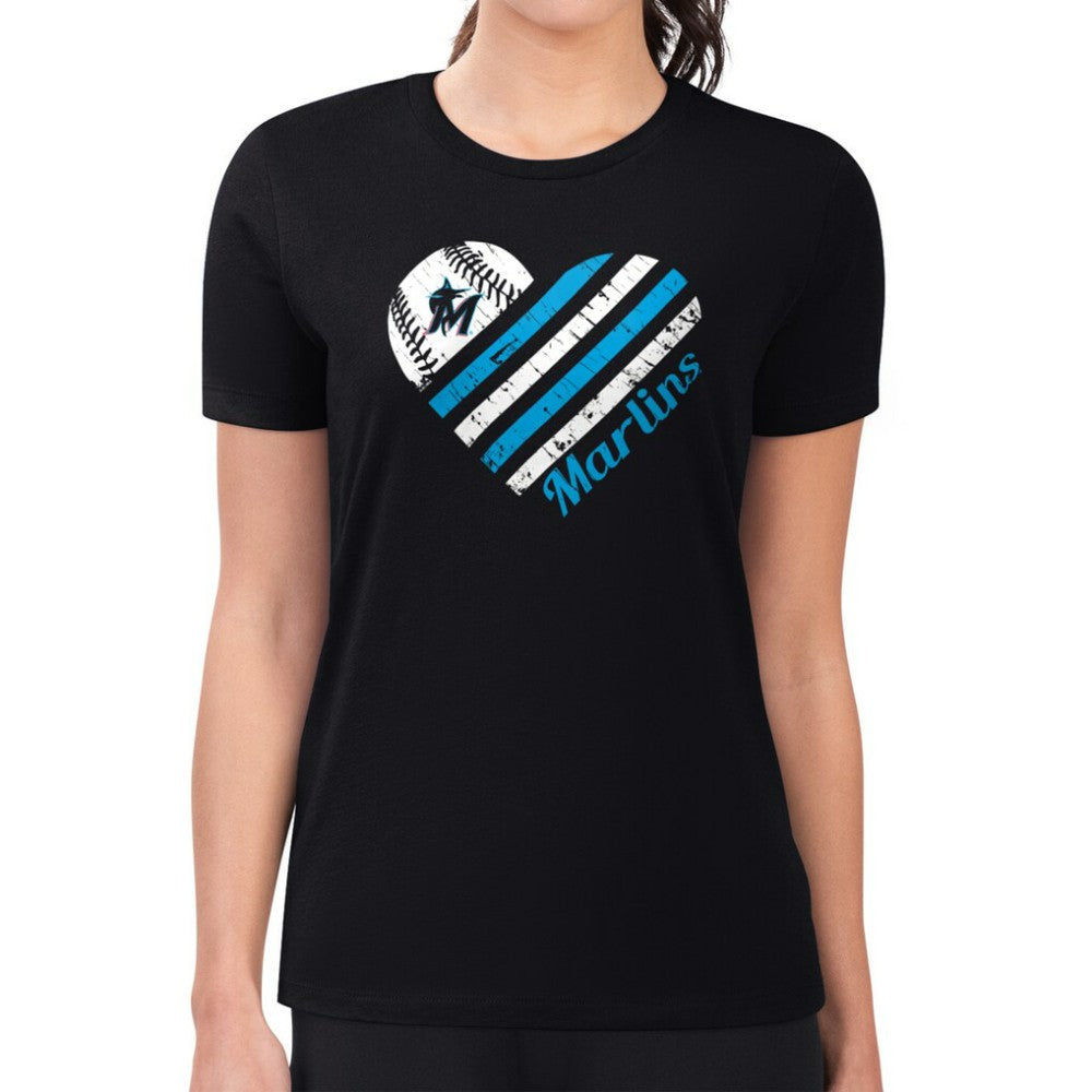 Black Miami Marlins G-III 4Her by Carl Banks Women's Super-Slim Fit Lightweight Heart Graphic T-Shirt