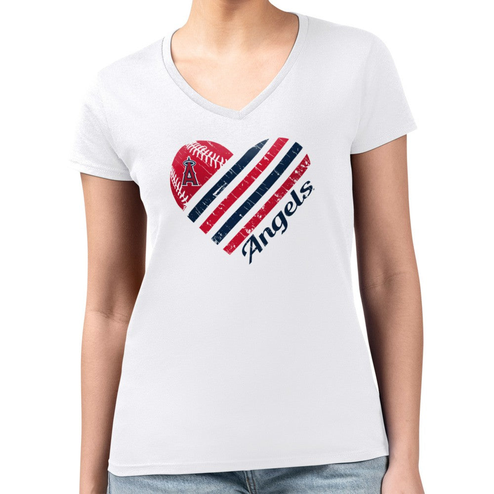 White Los Angeles Angels G-III 4Her by Carl Banks Women's Super-Slim Fit Lightweight Heart V-Neck T-Shirt