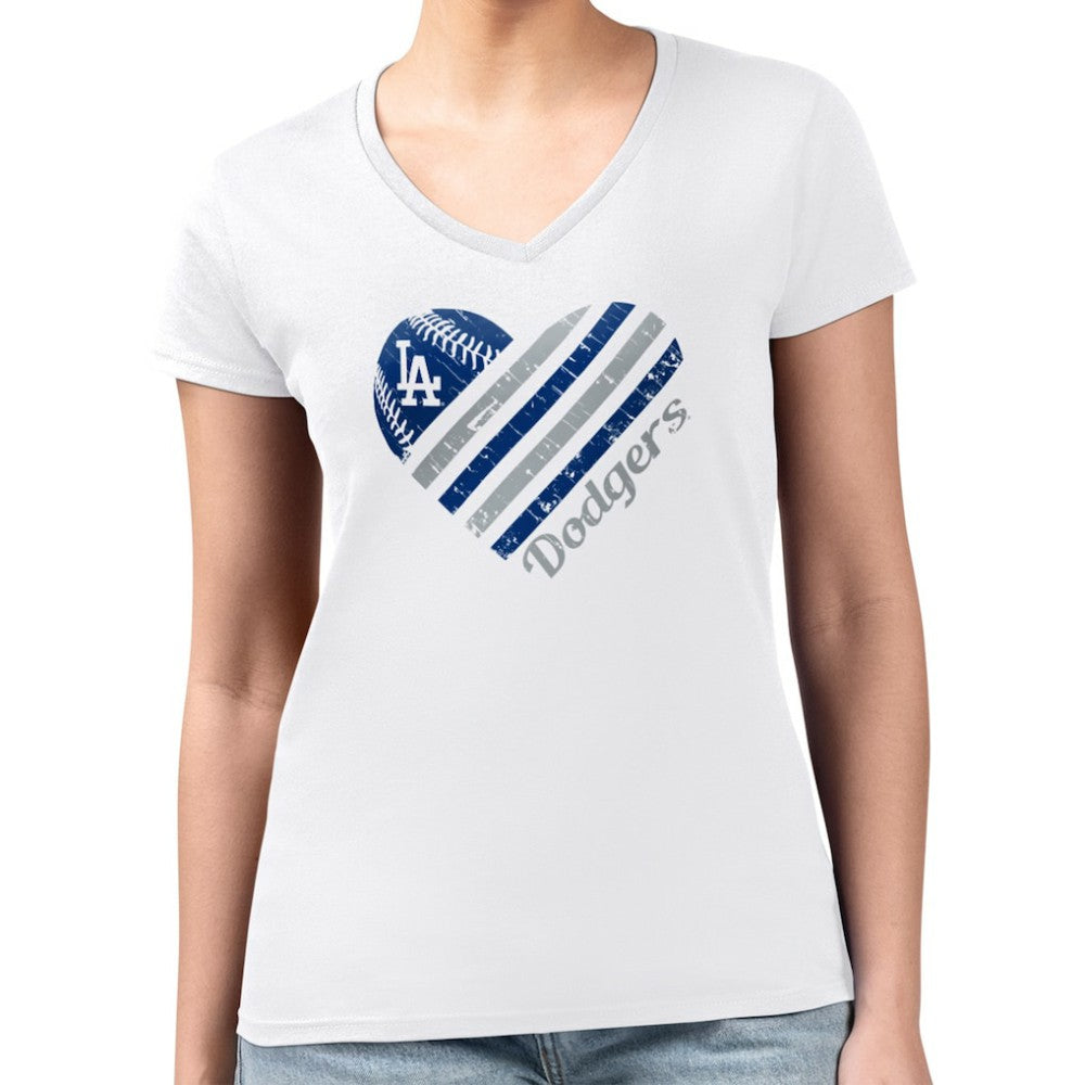 White Los Angeles Dodgers G-III 4Her by Carl Banks Women's Super-Slim Fit Lightweight Heart V-Neck T-Shirt