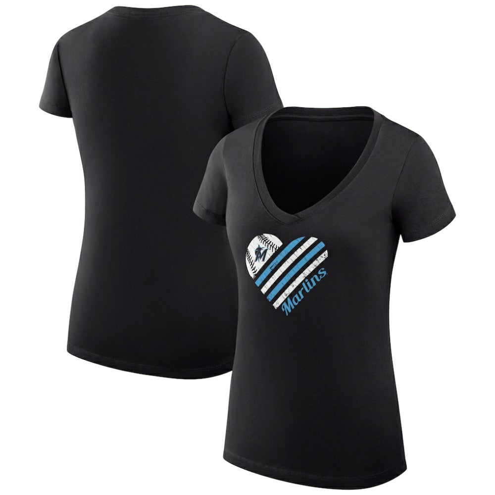 Black Miami Marlins G-III 4Her by Carl Banks Women's Super-Slim Fit Lightweight Heart V-Neck T-Shirt