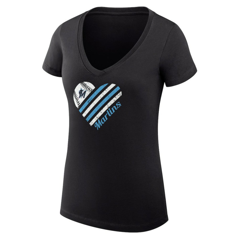 Black Miami Marlins G-III 4Her by Carl Banks Women's Super-Slim Fit Lightweight Heart V-Neck T-Shirt