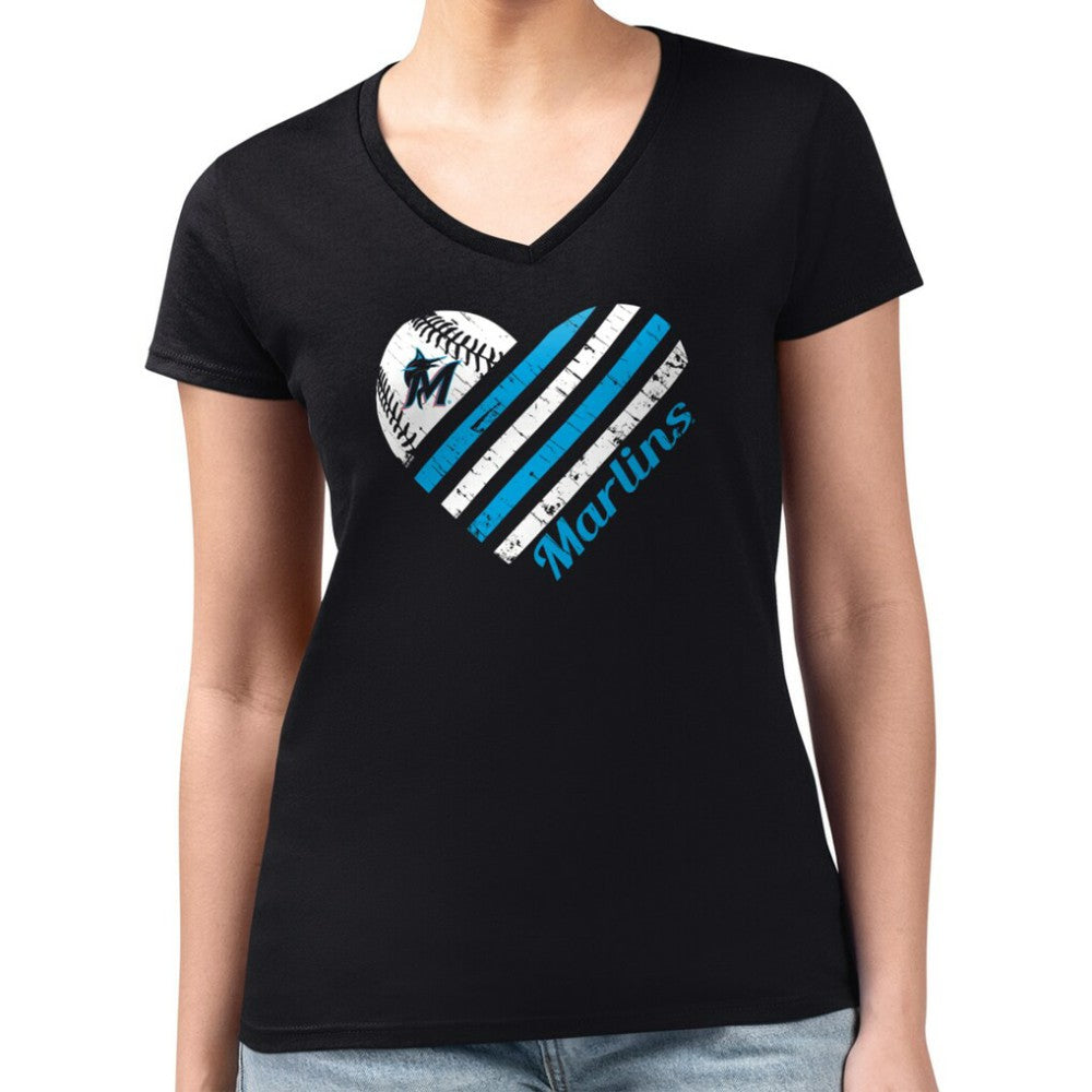 Black Miami Marlins G-III 4Her by Carl Banks Women's Super-Slim Fit Lightweight Heart V-Neck T-Shirt