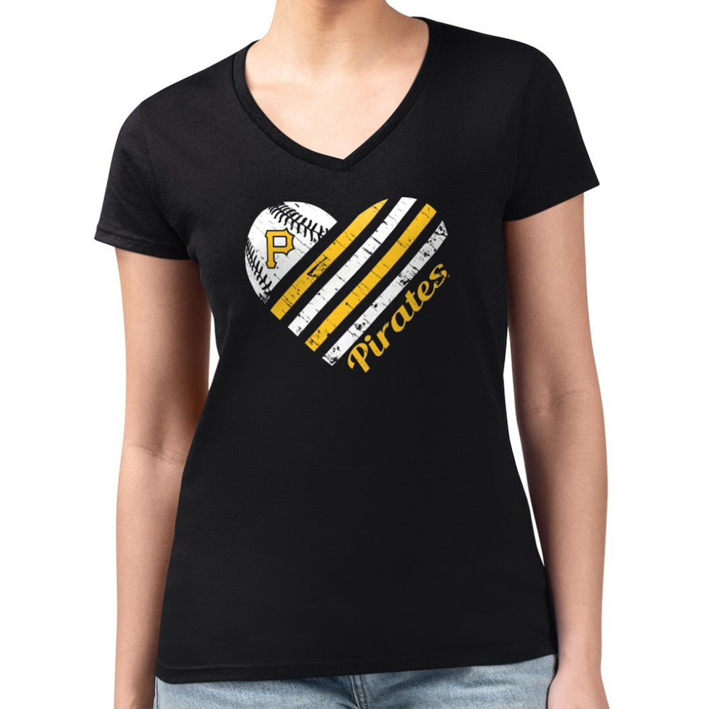 Black Pittsburgh Pirates G-III 4Her by Carl Banks Women's Super-Slim Fit Lightweight Heart V-Neck T-Shirt