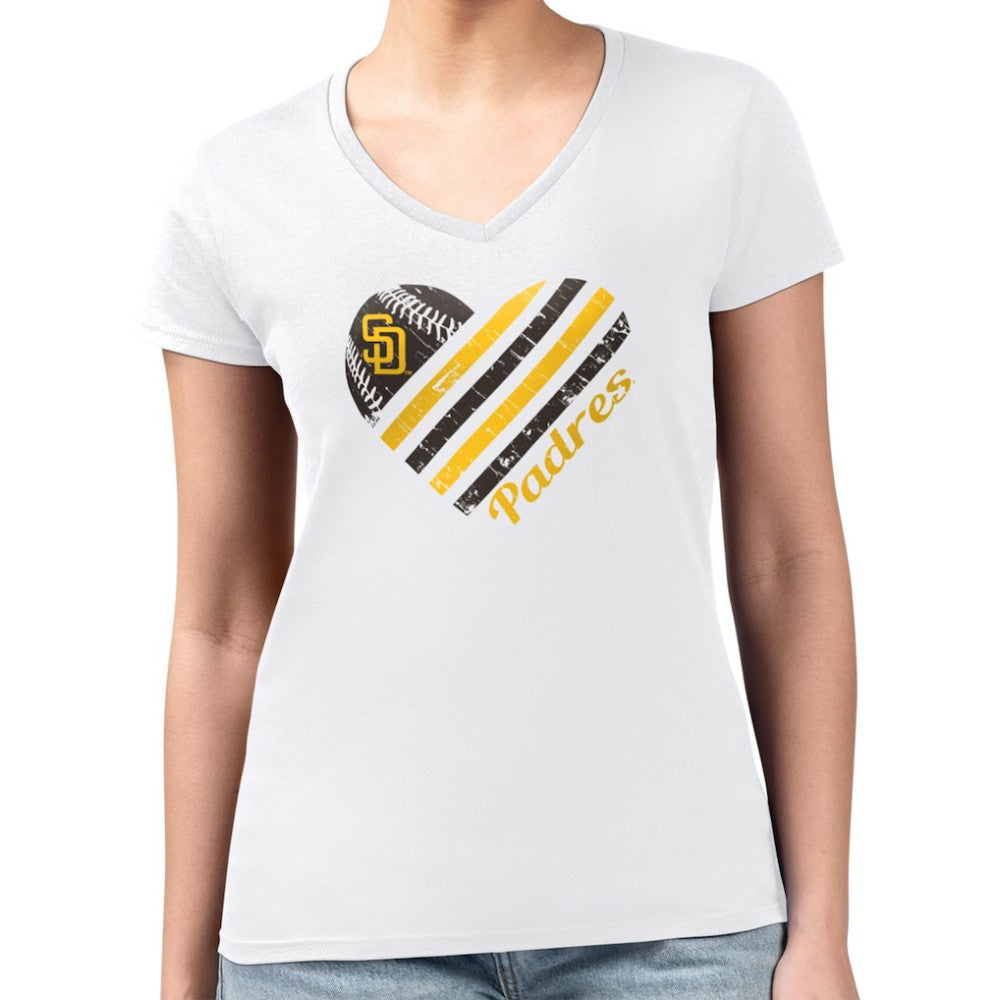 White San Diego Padres G-III 4Her by Carl Banks Women's Super-Slim Fit Lightweight Heart V-Neck T-Shirt