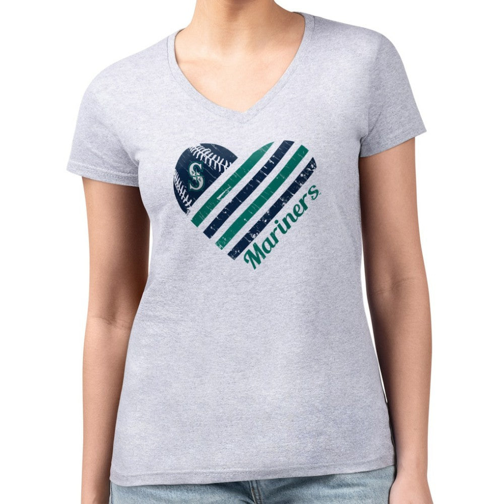 Heather Gray Seattle Mariners G-III 4Her by Carl Banks Women's Super-Slim Fit Lightweight Heart V-Neck T-Shirt