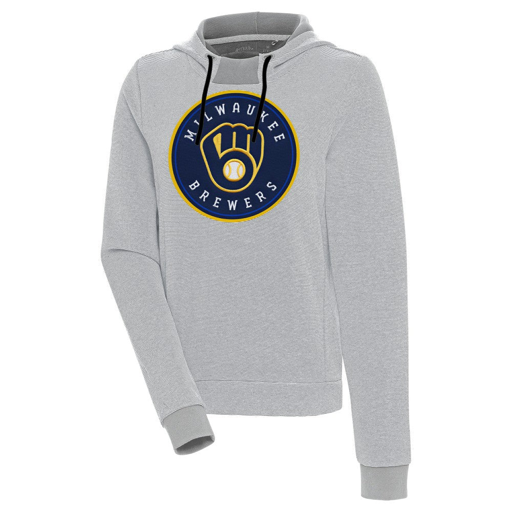 Gray/White Milwaukee Brewers Antigua Women's Axe Bunker Tri-Blend Pullover Hoodie