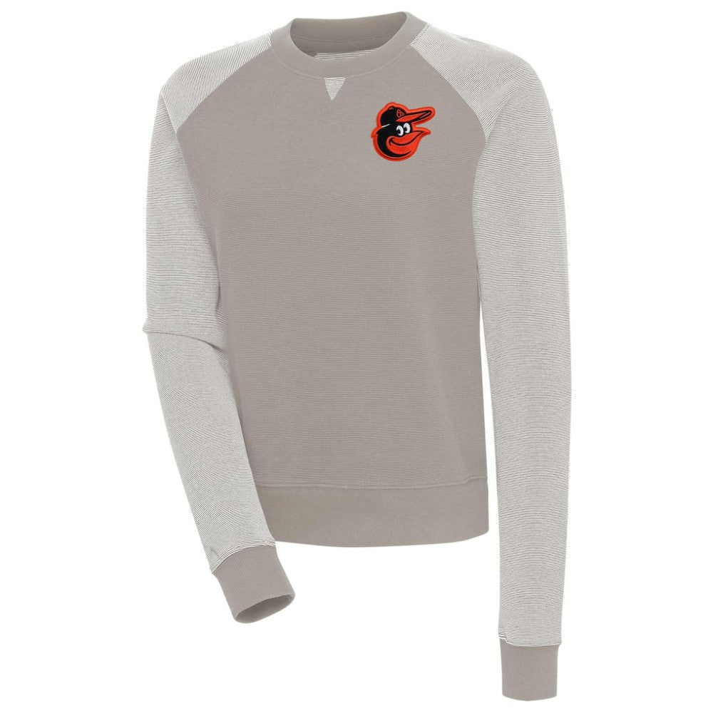 Oatmeal/White Baltimore Orioles Antigua Women's Flier Bunker Tri-Blend Pullover Sweatshirt