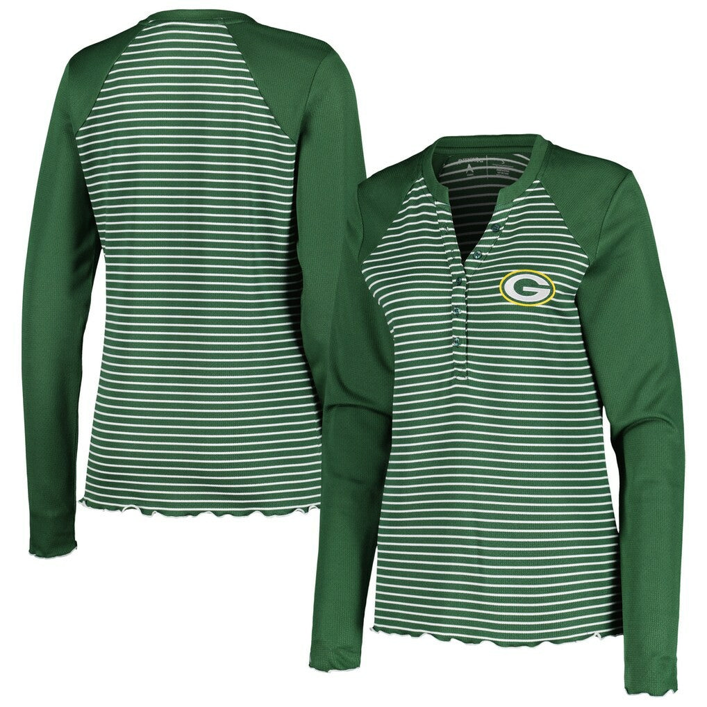 Antigua Women's Maverick Waffle Henley Long Sleeve T-Shirt - Green Bay Packers T-shirts