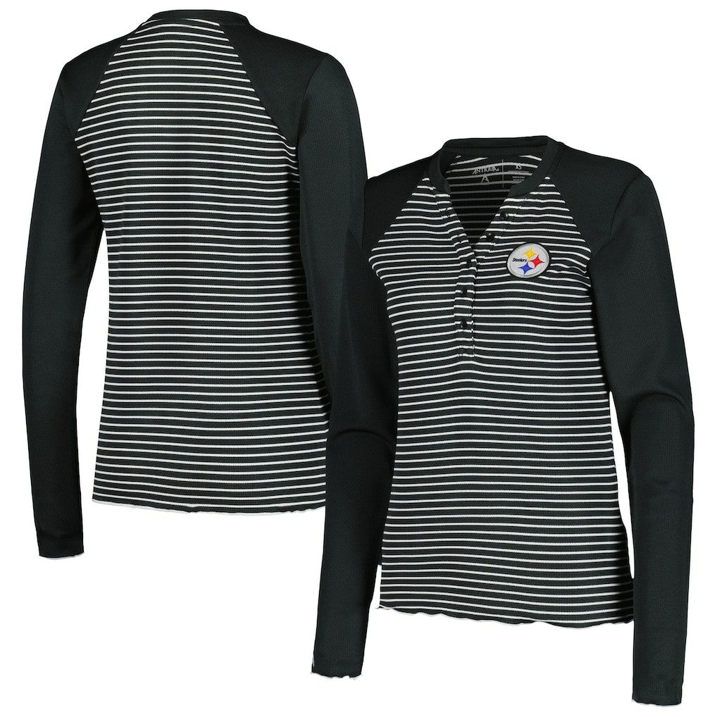 Antigua Women's Maverick Waffle Henley Long Sleeve T-Shirt - Pittsburgh Steelers T-shirts