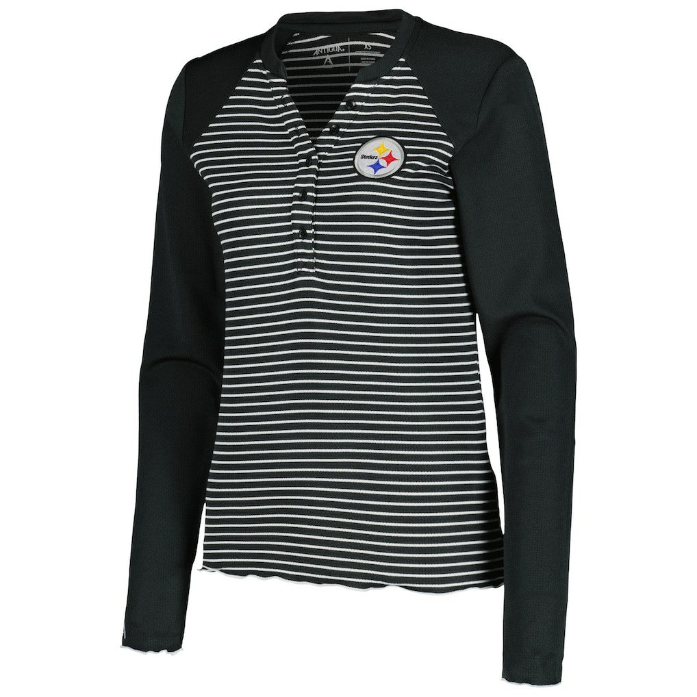 Antigua Women's Maverick Waffle Henley Long Sleeve T-Shirt - Pittsburgh Steelers T-shirts