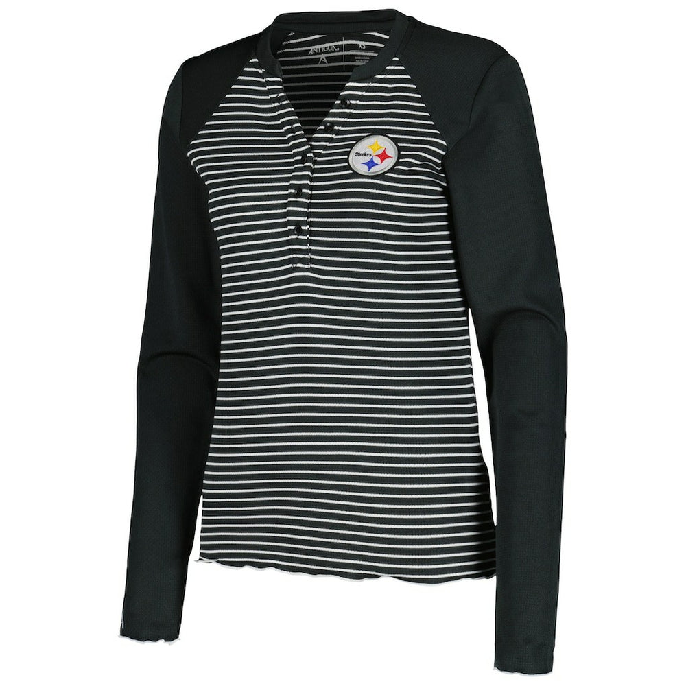 Antigua Women's Maverick Waffle Henley Long Sleeve T-Shirt - Pittsburgh Steelers T-shirts