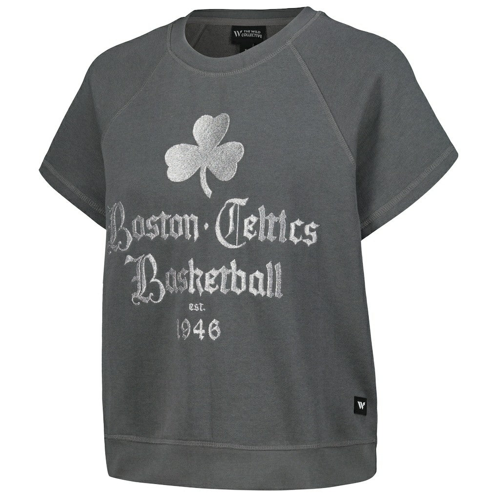Boston Celtics The Wild Collective Women's Embroidered Fleece Raglan Short Sleeve Pullover Sweatshirt