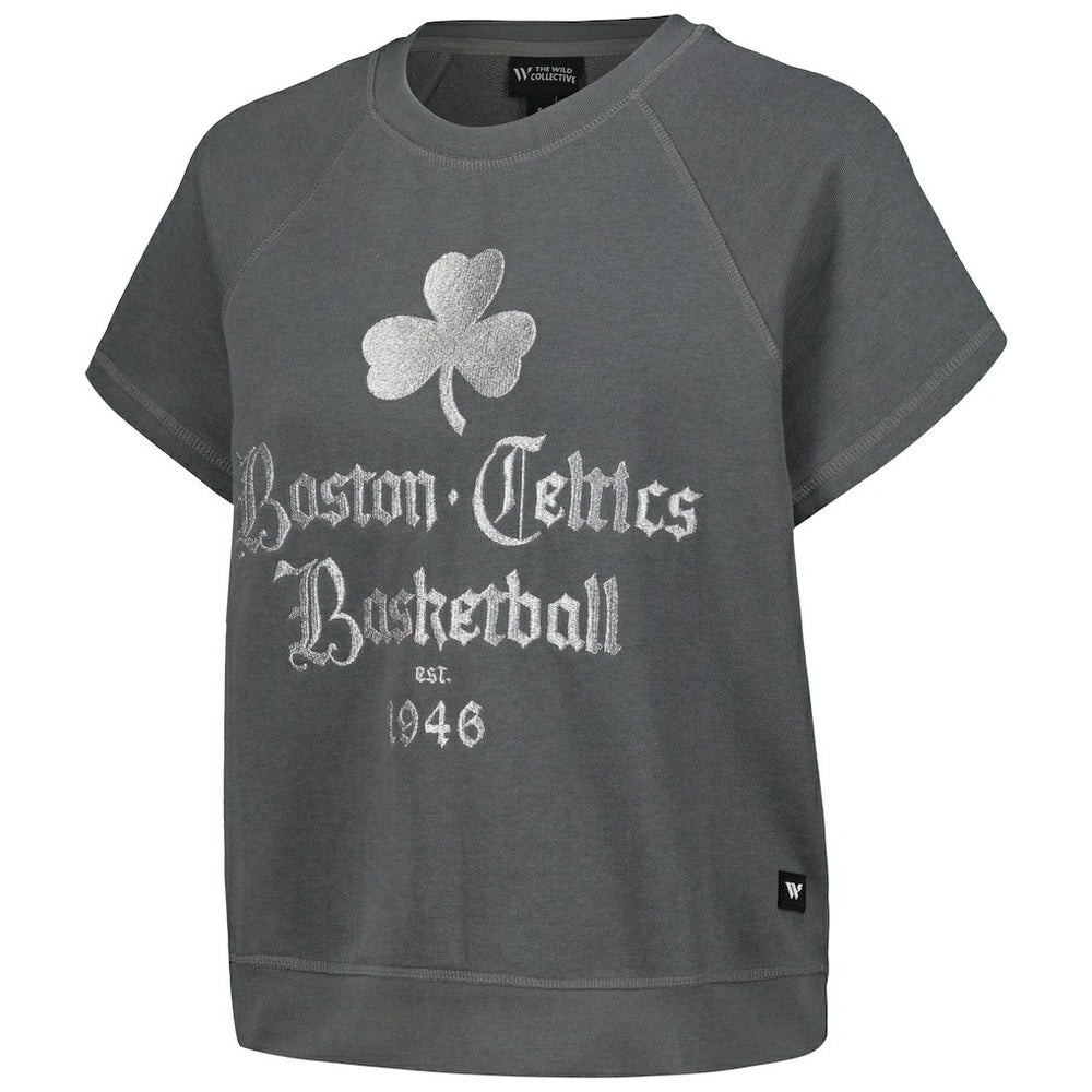 Boston Celtics The Wild Collective Women's Embroidered Fleece Raglan Short Sleeve Pullover Sweatshirt