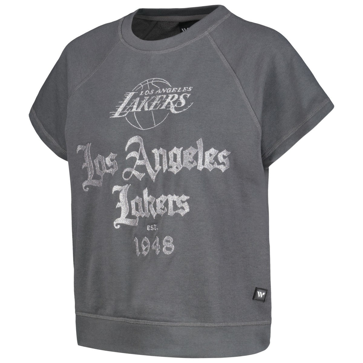 Los Angeles Lakers The Wild Collective Women's Embroidered Fleece Raglan Short Sleeve Pullover Sweatshirt