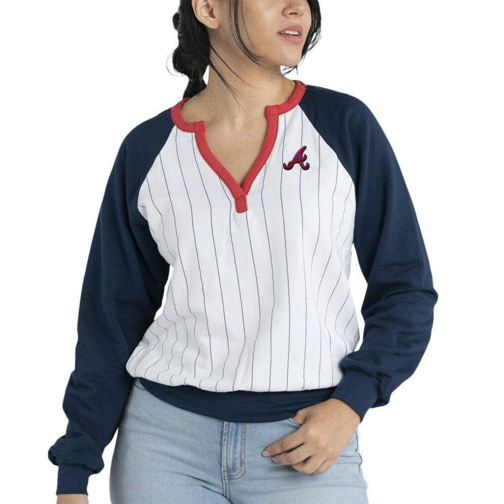 White/Navy Atlanta Braves Lusso Women's Mack Fleece V-Neck Pullover Top