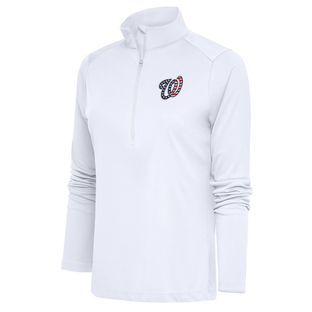 White Washington Nationals Antigua Women's Patriotic Tribute Half-Zip Pullover Top