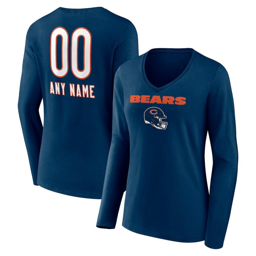Women's Personalized Name & Number Team Wordmark Long Sleeve V-Neck T-Shirt - Chicago Bears T-shirts