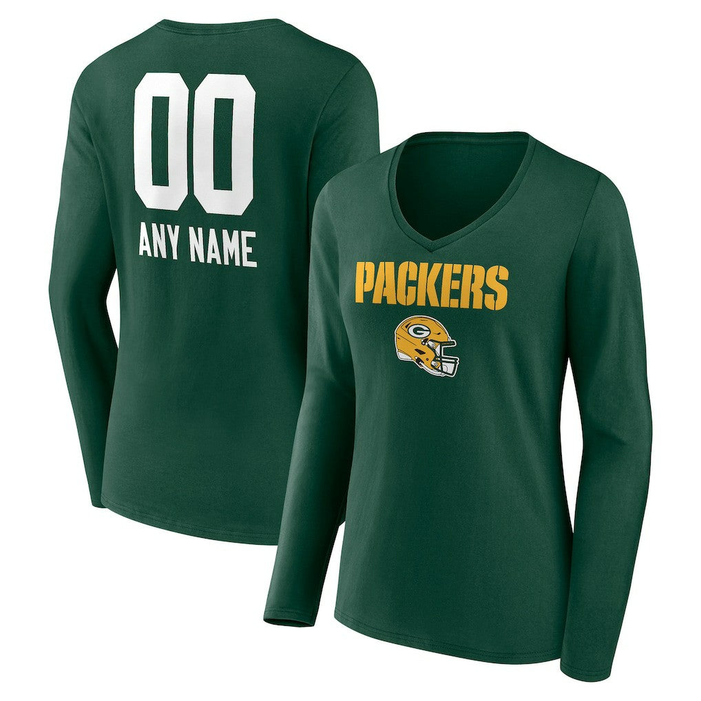 Women's Personalized Name & Number Team Wordmark Long Sleeve V-Neck T-Shirt - Green Bay Packers T-shirts