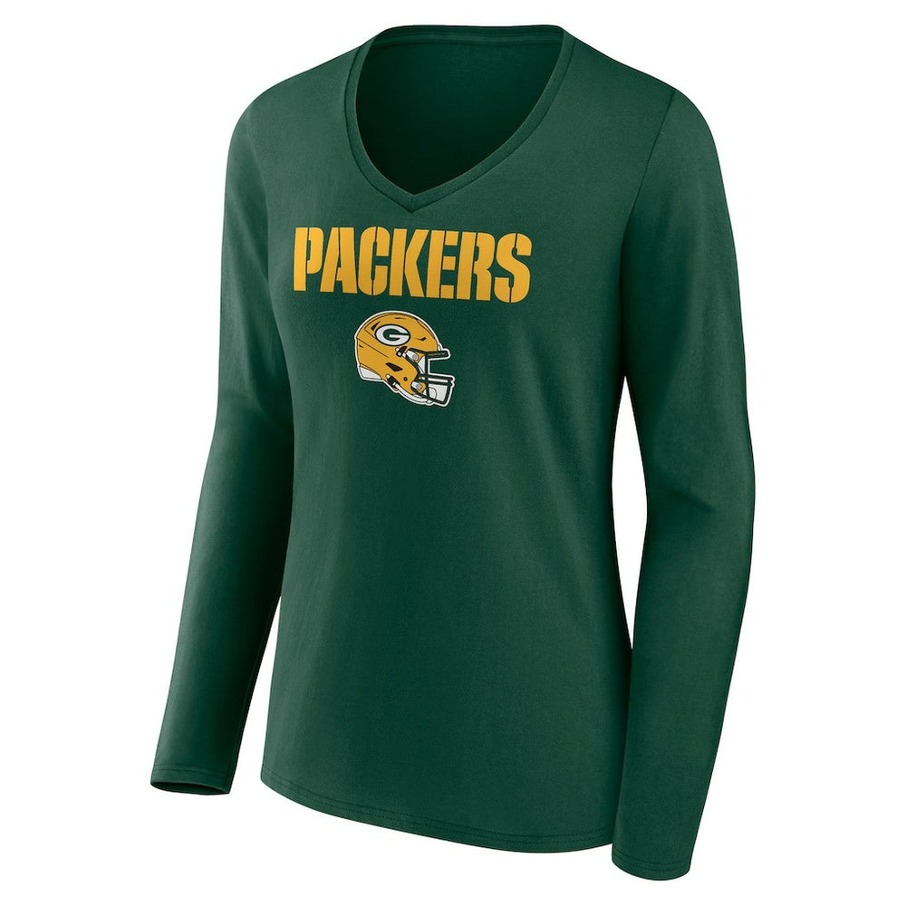 Women's Personalized Name & Number Team Wordmark Long Sleeve V-Neck T-Shirt - Green Bay Packers T-shirts