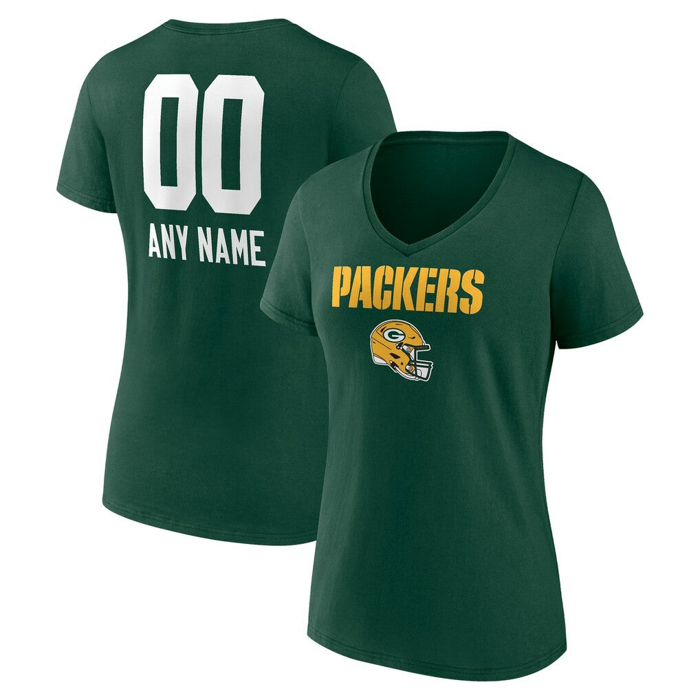 Women's Personalized Name & Number Team Wordmark V-Neck T-Shirt - Green Bay Packers T-shirts
