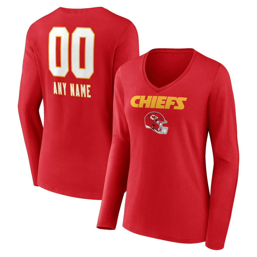 Women's Personalized Name & Number Team Wordmark Long Sleeve V-Neck T-Shirt - Kansas City Chiefs T-shirts