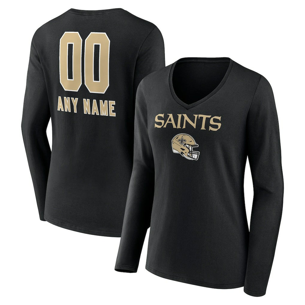 Women's Personalized Name & Number Team Wordmark Long Sleeve V-Neck T-Shirt - New Orleans Saints T-shirts