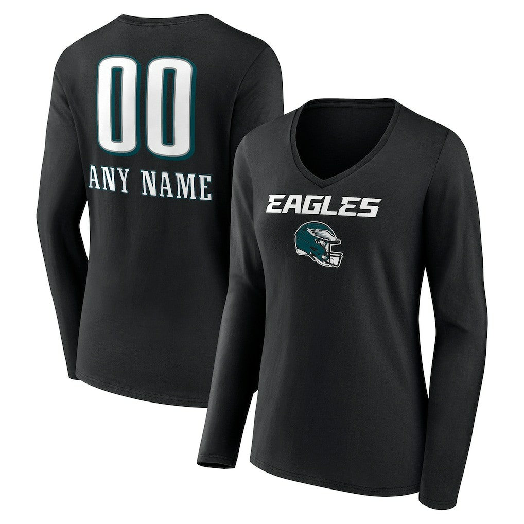 Women's Personalized Name & Number Team Wordmark Long Sleeve V-Neck T-Shirt - Philadelphia Eagles T-shirts
