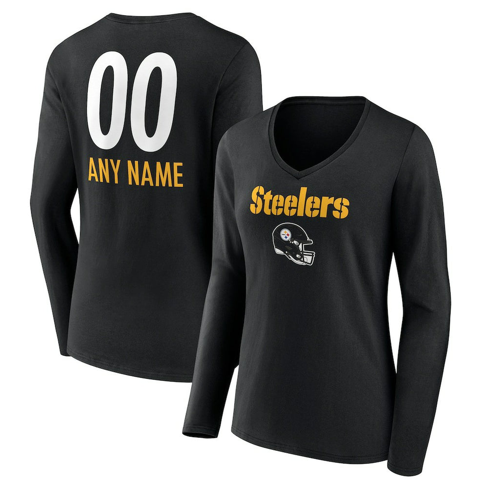 Women's Personalized Name & Number Team Wordmark Long Sleeve V-Neck T-Shirt - Pittsburgh Steelers T-shirts