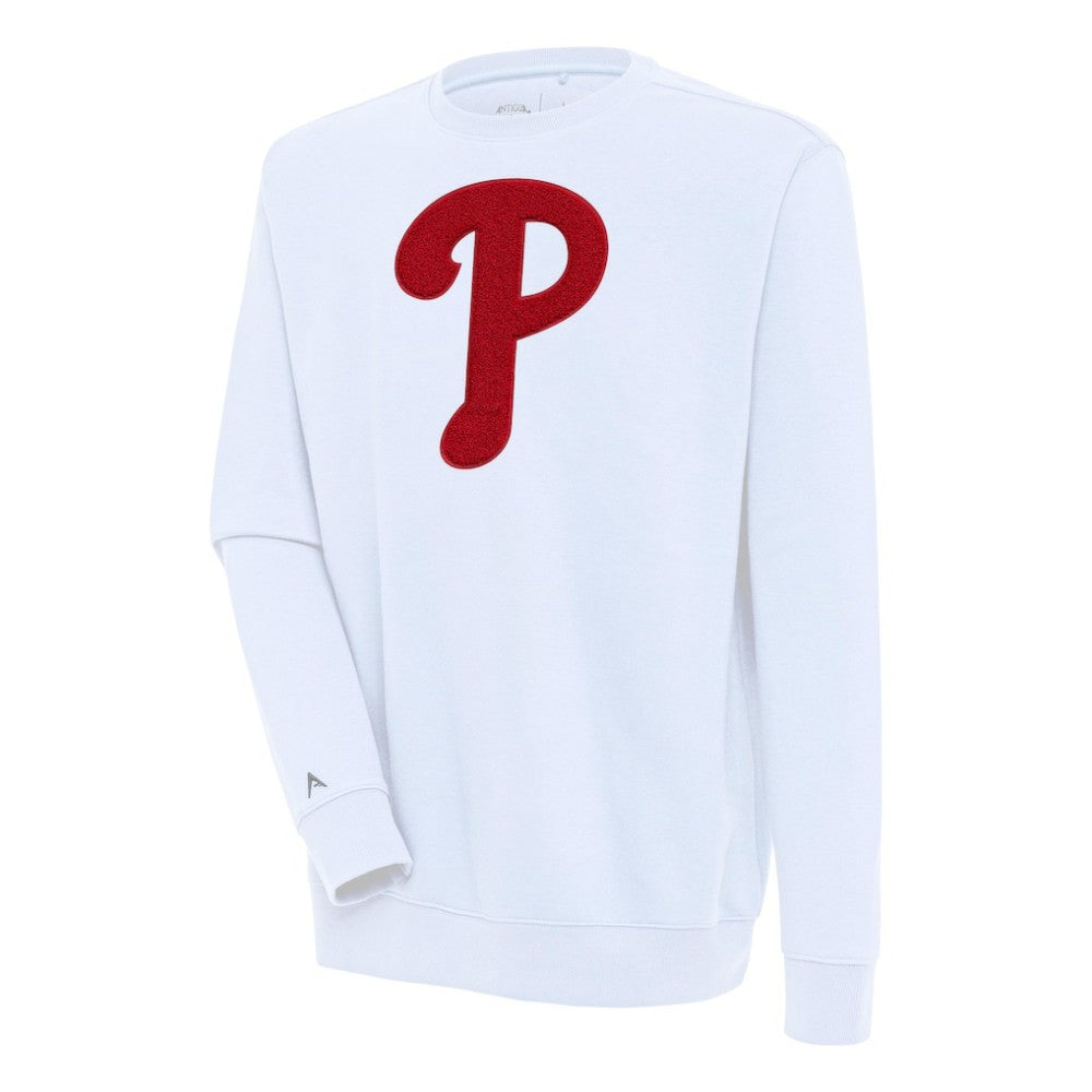 White Philadelphia Phillies Antigua Victory Crewneck Chenille Pullover Sweatshirt