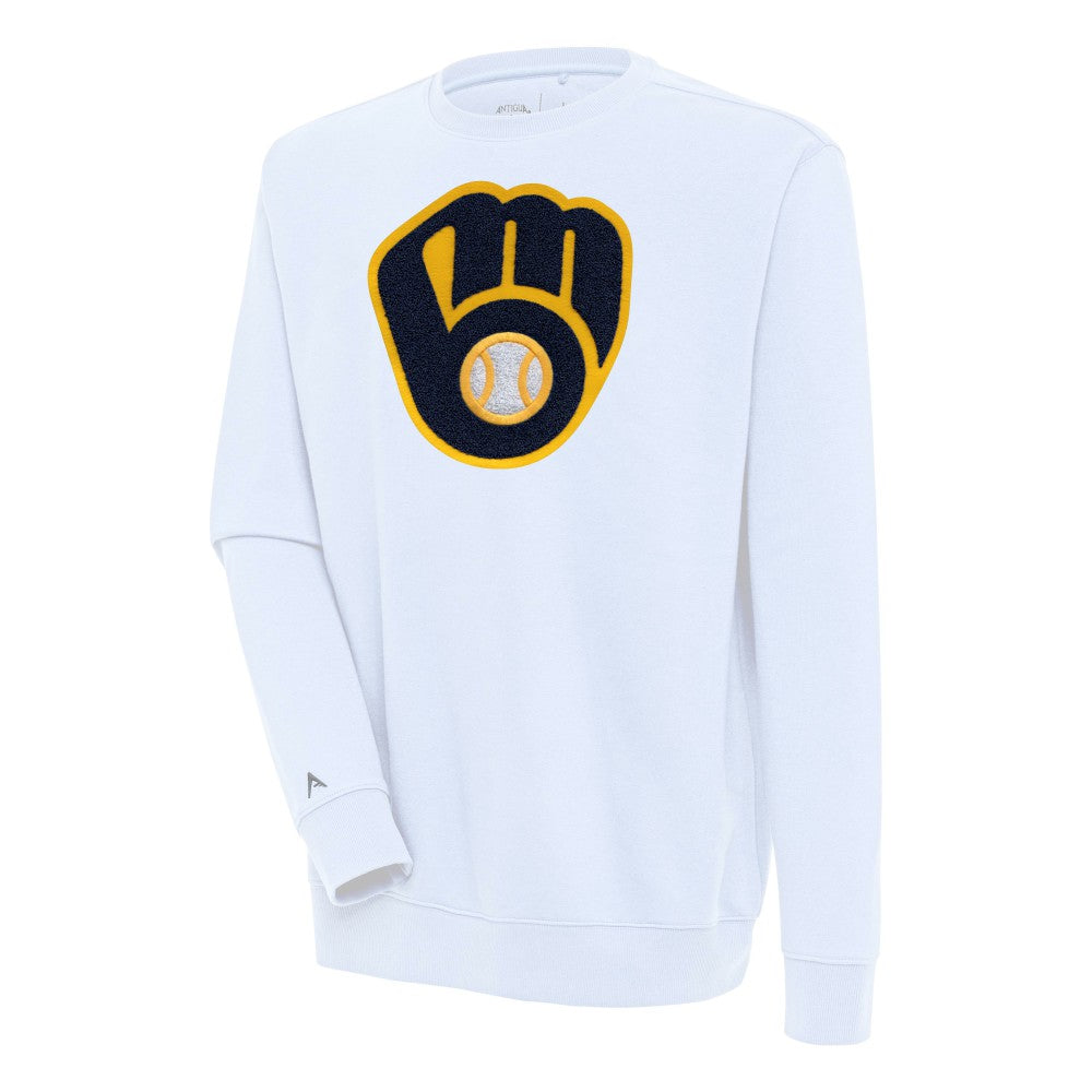 White Milwaukee Brewers Antigua Victory Crewneck Chenille Pullover Sweatshirt