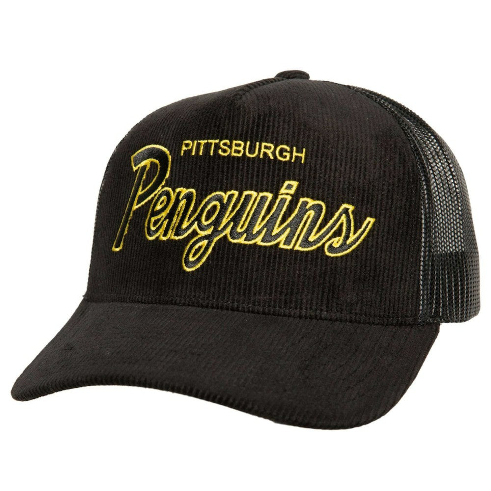 NHL Pittsburgh Penguins Mitchell & Ness Times Up Classic Script Cord Trucker Adjustable Hat