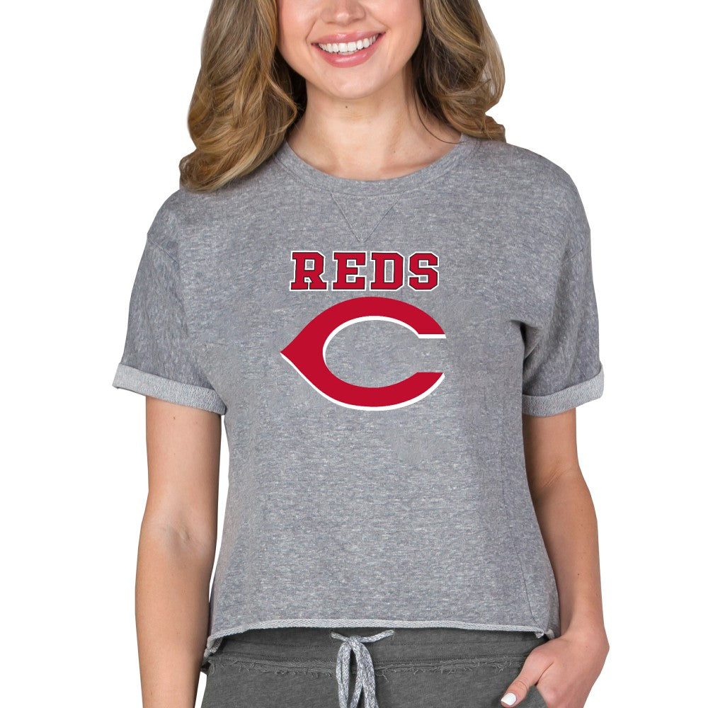 Gray Cincinnati Reds Concepts Sport Women's Tri-Blend Mainstream Terry Short Sleeve Sweatshirt Top