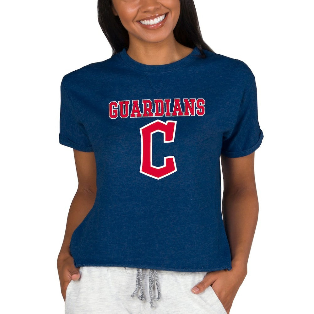 Navy Cleveland Guardians Concepts Sport Women's Tri-Blend Mainstream Terry Short Sleeve Sweatshirt Top