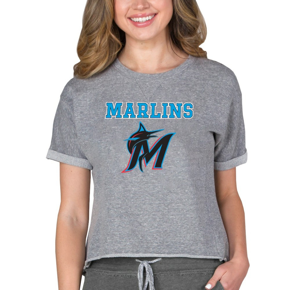 Gray Miami Marlins Concepts Sport Women's Tri-Blend Mainstream Terry Short Sleeve Sweatshirt Top