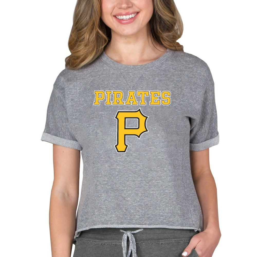 Gray Pittsburgh Pirates Concepts Sport Women's Tri-Blend Mainstream Terry Short Sleeve Sweatshirt Top