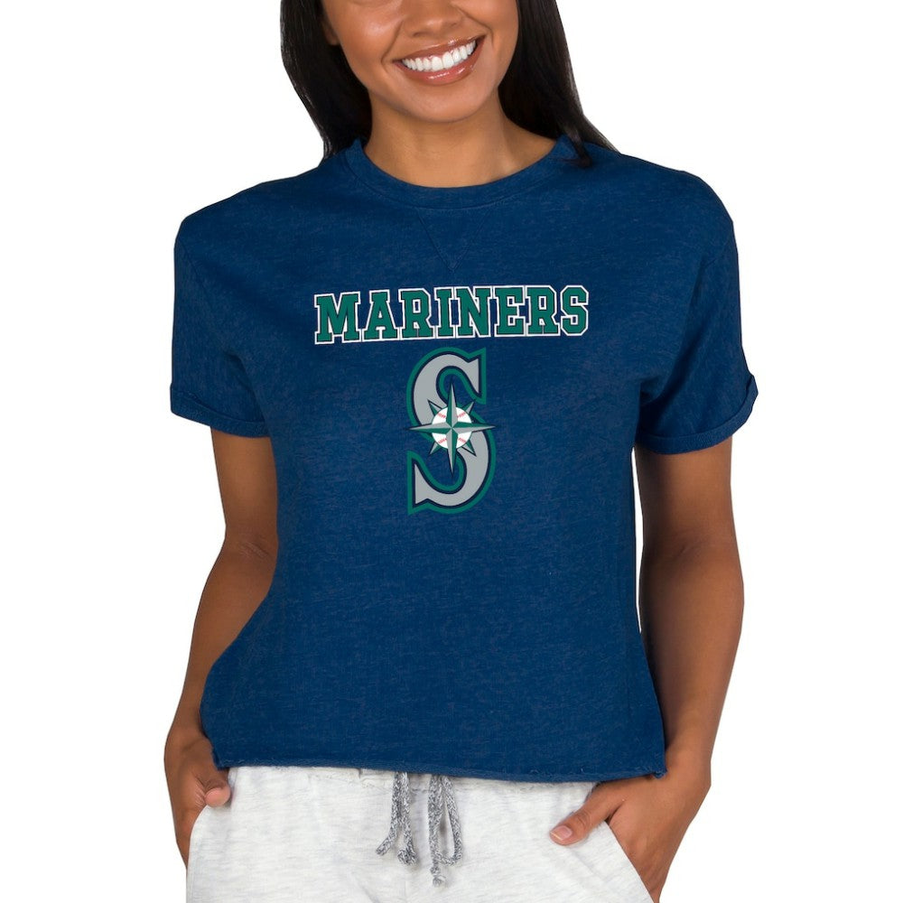 Navy Seattle Mariners Concepts Sport Women's Tri-Blend Mainstream Terry Short Sleeve Sweatshirt Top