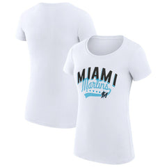 White Miami Marlins G-III 4Her by Carl Banks Women's Super-Slim Fit Lightweight Filigree Team T-Shirt