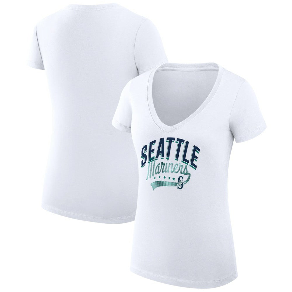 White Seattle Mariners G-III 4Her by Carl Banks Women's Super-Slim Fit Lightweight Filigree Team V-Neck T-Shirt