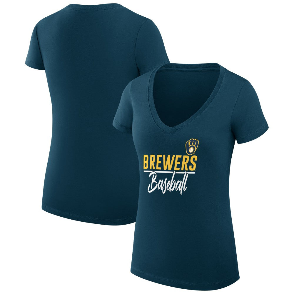 Navy Milwaukee Brewers G-III 4Her by Carl Banks Women's Super-Slim Fit Lightweight Team Graphic V-Neck T-Shirt