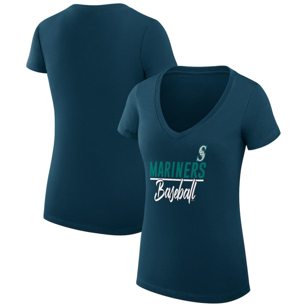 Navy Seattle Mariners G-III 4Her by Carl Banks Women's Super-Slim Fit Lightweight Team Graphic V-Neck T-Shirt
