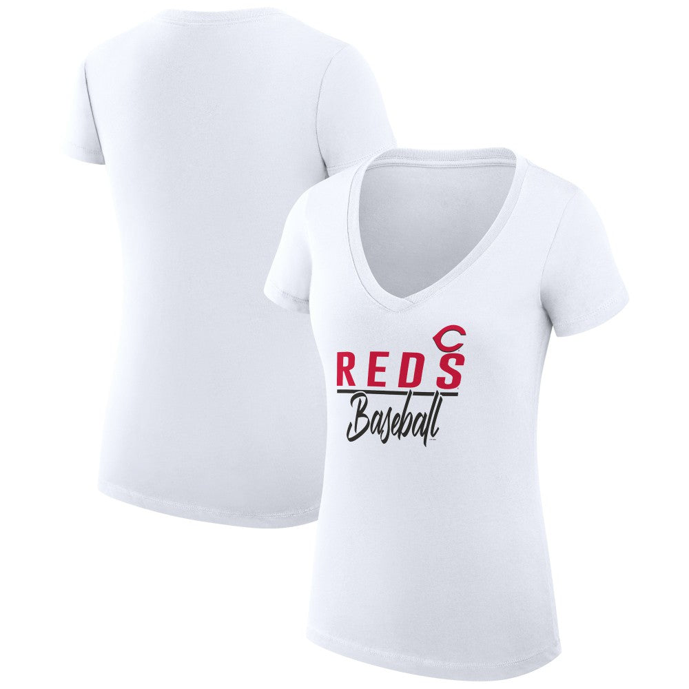White Cincinnati Reds G-III 4Her by Carl Banks Women's Super-Slim Fit Lightweight Team Graphic V-Neck T-Shirt
